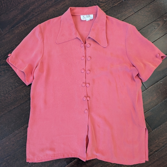 Vintage Tops - Vintage 70s 100% Silk Short Sleeve Double Button Up Blouse - Coral Pink